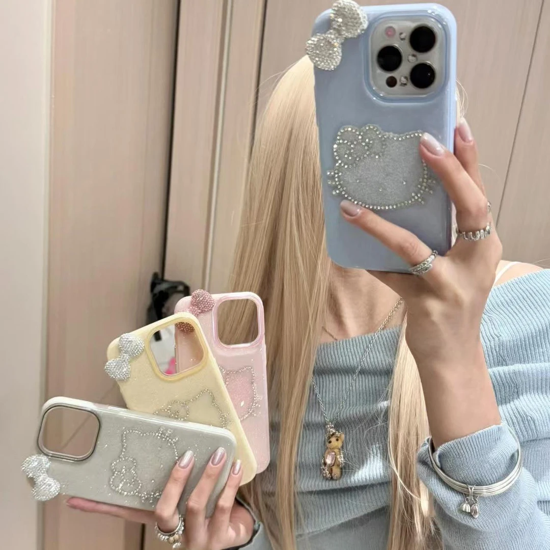 高级感闪钻蝴蝶结KT猫适用苹果16promax新款手机壳14/13/12软/11