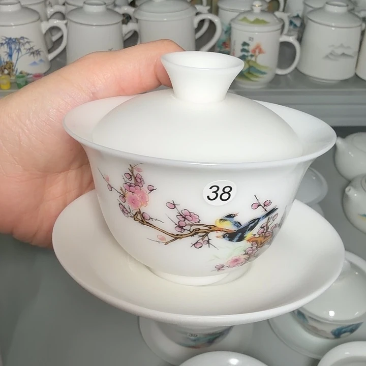 孤品冰种素烧盖碗喜上眉梢