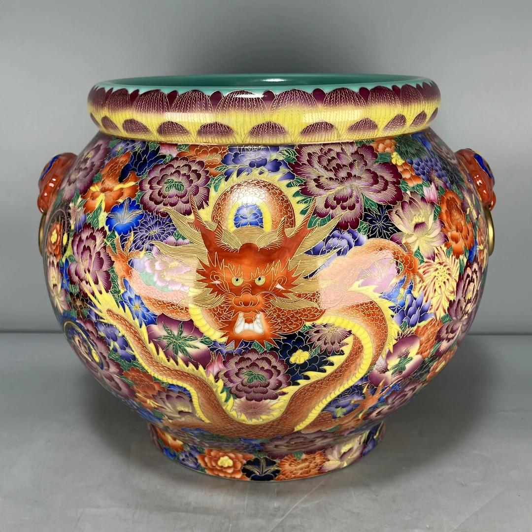 仿古瓷 仿古大清乾隆年制珐琅彩掐丝万花龙纹兽耳缸