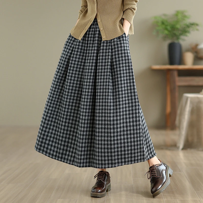 2025秋冬新款森系复古毛呢黑白格纹半身裙女松紧高腰气质大摆长裙