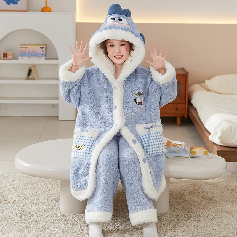 法兰绒女童睡袍冬季新款加绒加厚儿童睡衣女孩洋气亲子保暖家居服