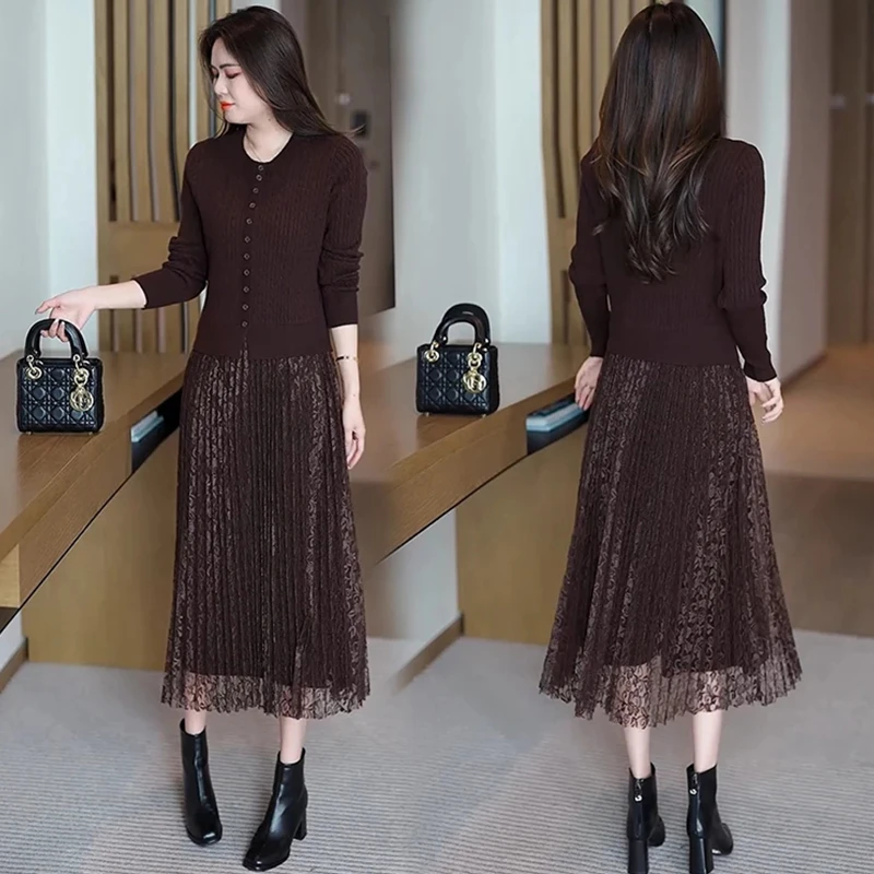 假两件针织裙女秋冬2025新款时尚气质高腰宽松显瘦蕾丝拼接连衣裙