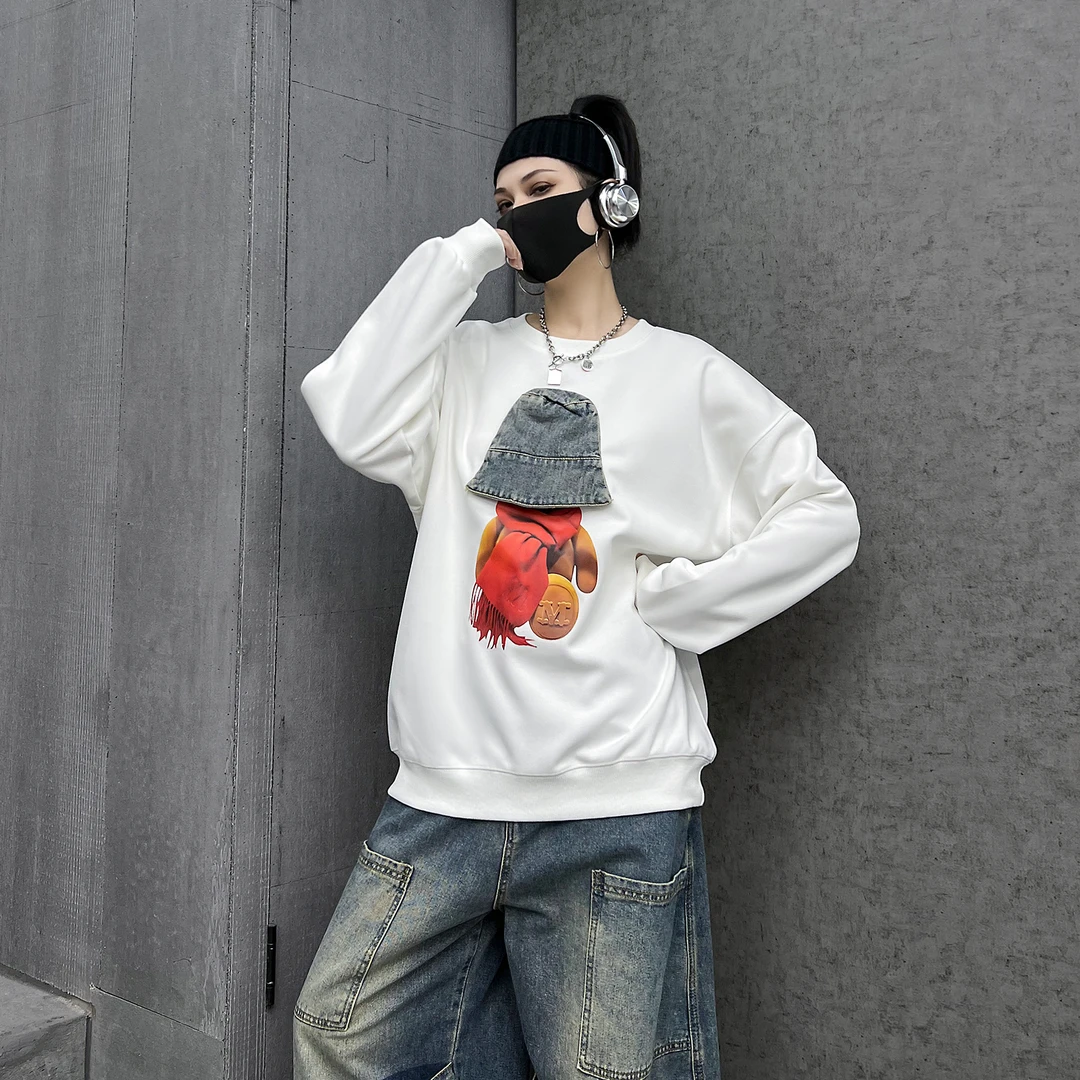 多福猫潮牌时尚秋冬加绒白色圆领卫衣女2025新款酷酷风格女装上衣