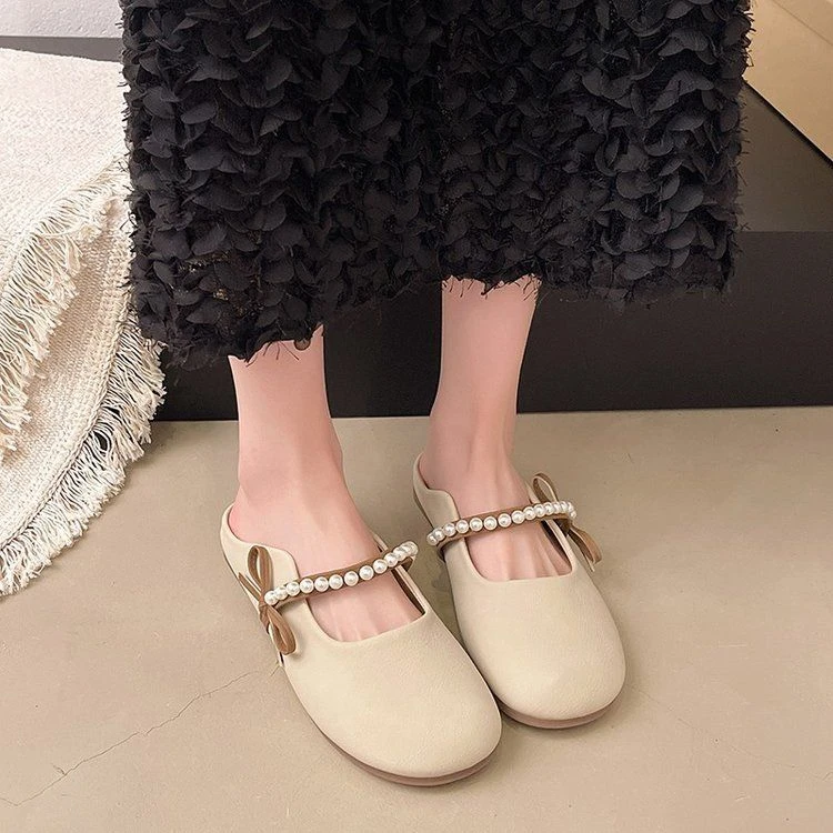 春夏新品百搭软底软面仙女风珍珠时尚外穿拖鞋包头半托女小单鞋