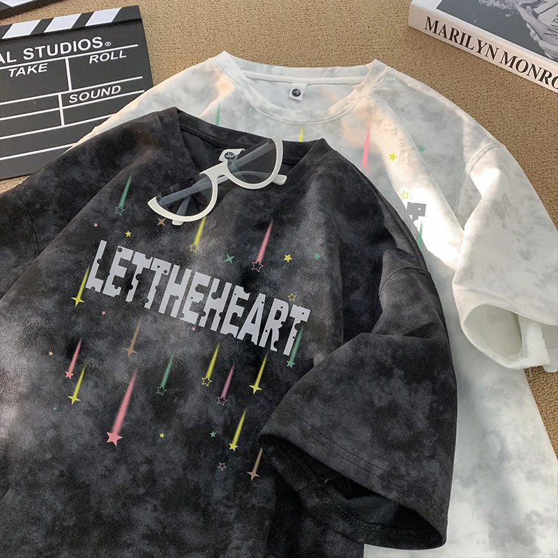 扎染麂皮绒重磅短袖T恤男士痞帅高级感脏脏正肩半袖美式高街上衣