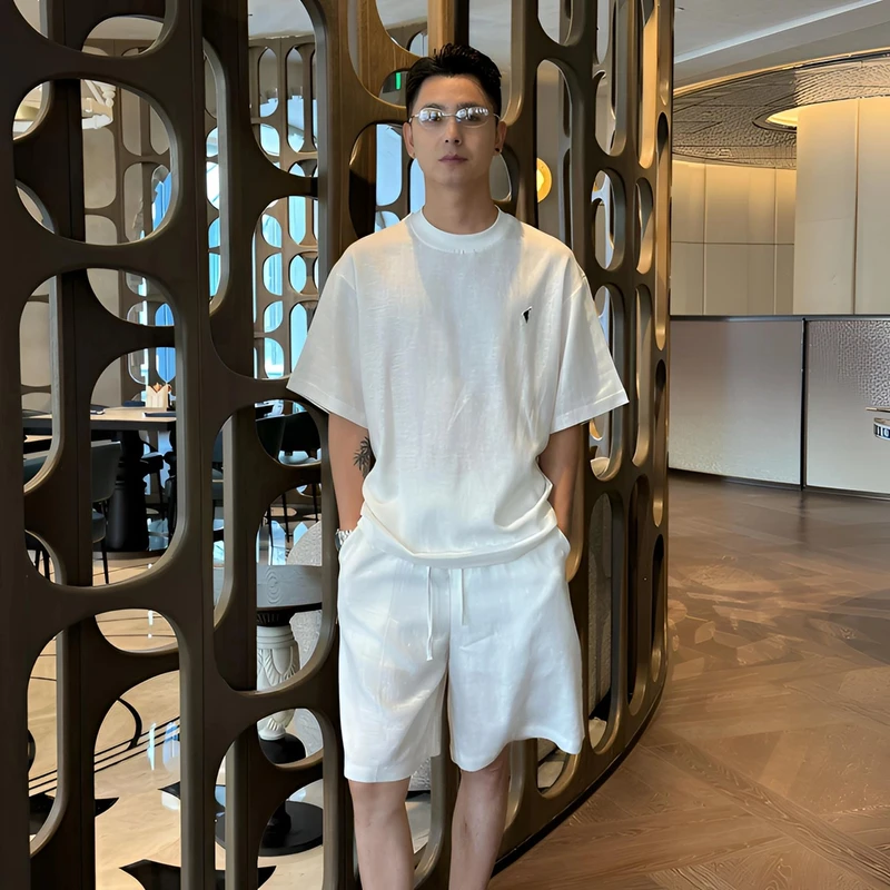 GP2 2025SS亚麻老钱风天丝松弛感贵气夏季男小马短袖T恤+短裤套装