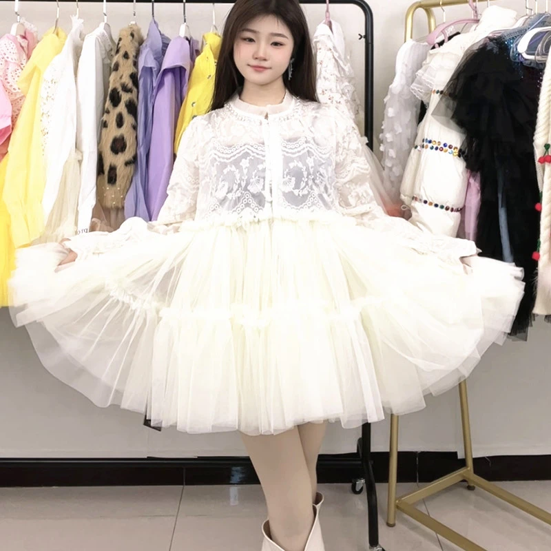 设计师款春夏网纱拼接连衣裙女款洋气重工蓬蓬裙漂亮别致镂空小衫