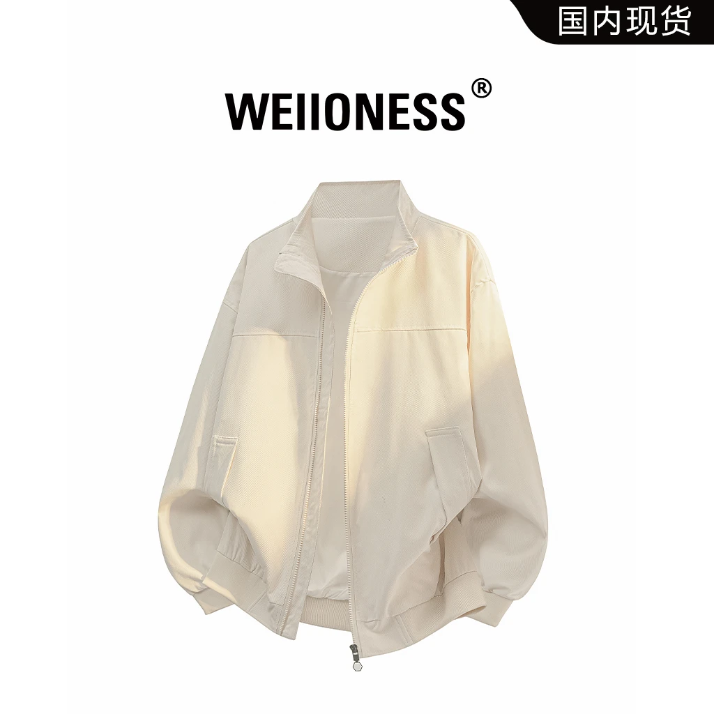 WEIIONESS翻领夹克男士秋季纯色设计感休闲工装外套高级感男装