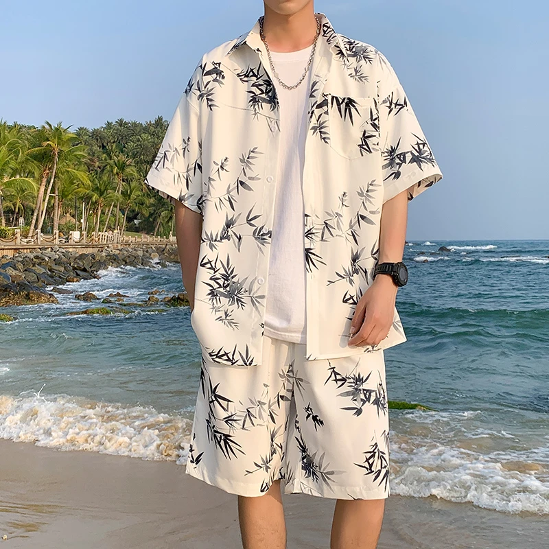 中式海边度假衬衫短袖三亚夏季情侣沙滩夏威夷潮流衬衣短裤套装男