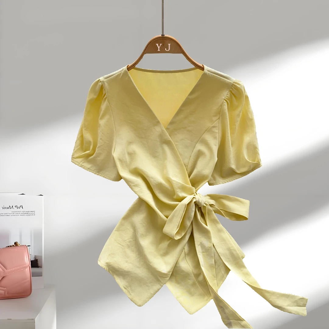 法式轻奢潮牌交叉领短袖衬衫绑带收腰设计独特漂亮绝美小个子上衣