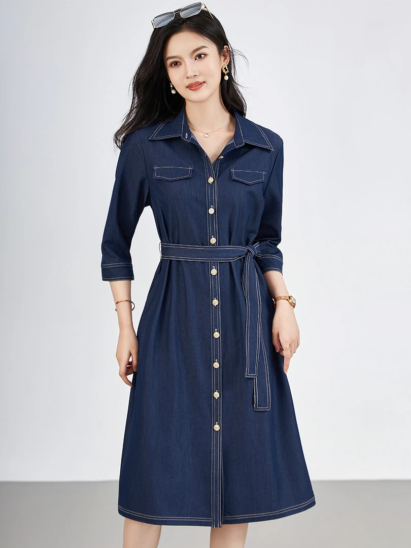 连衣裙秋季宽松翻领牛仔商务A字裙常规单排多扣中老年