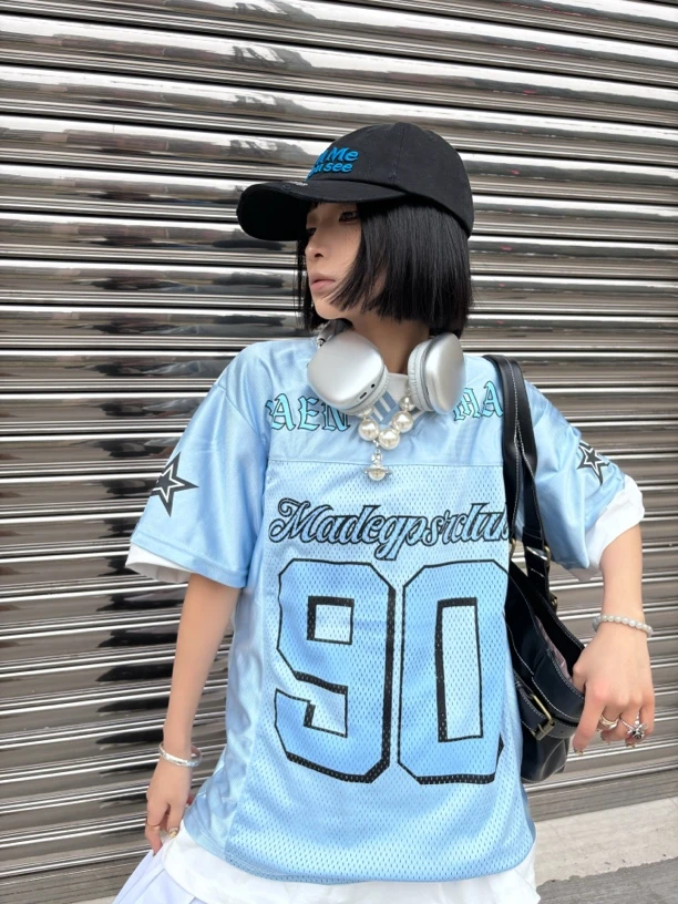 冰淇淋-美式复古冰蓝色网透球衣