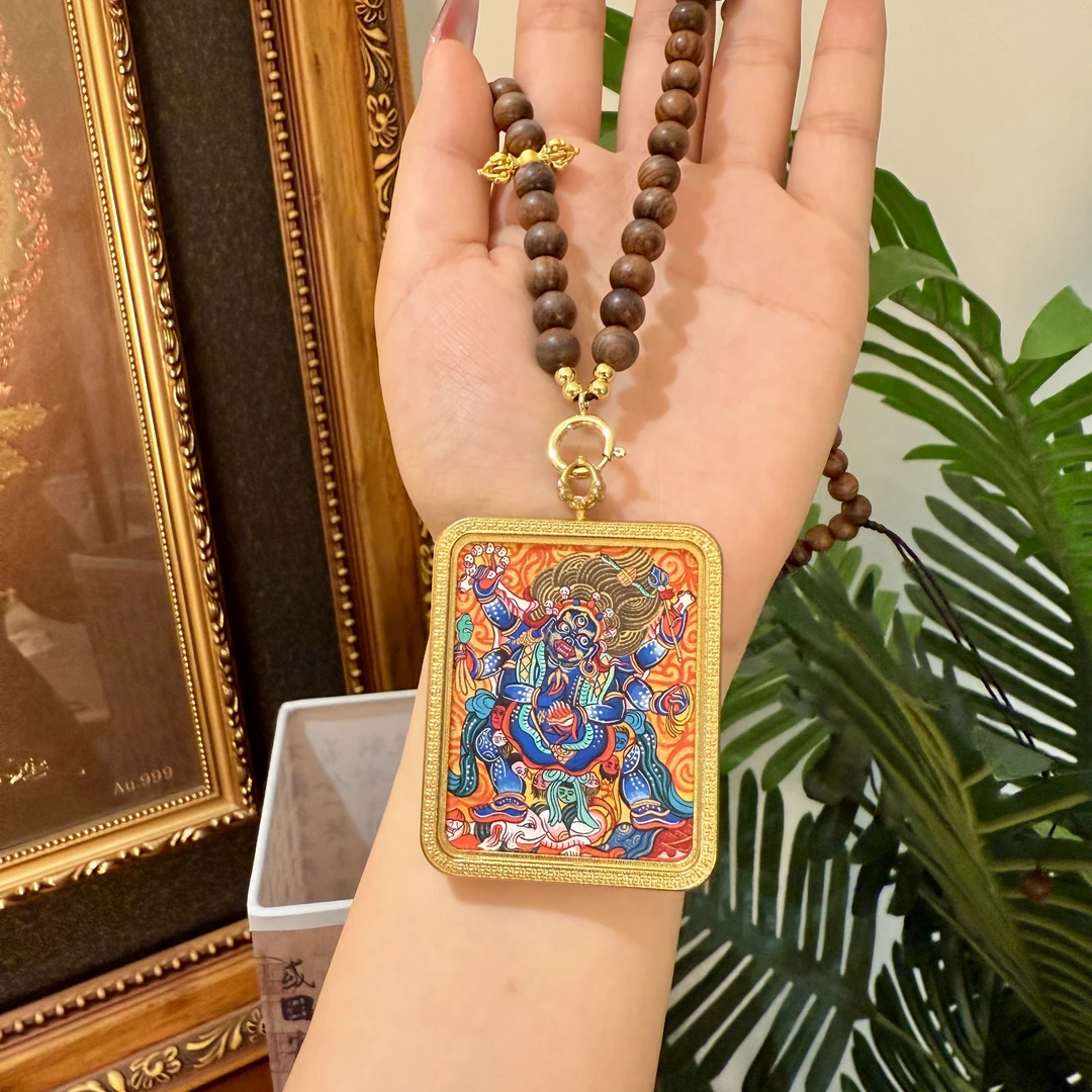 蒹葭 手作【彩唐精品六臂大黑天】热贡唐卡纯手绘唐卡挂脖项链唐卡