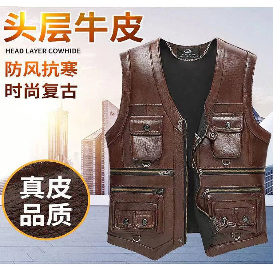 男士头层牛皮马甲棕色美式休闲透气多口袋真皮马夹复古百搭秋冬