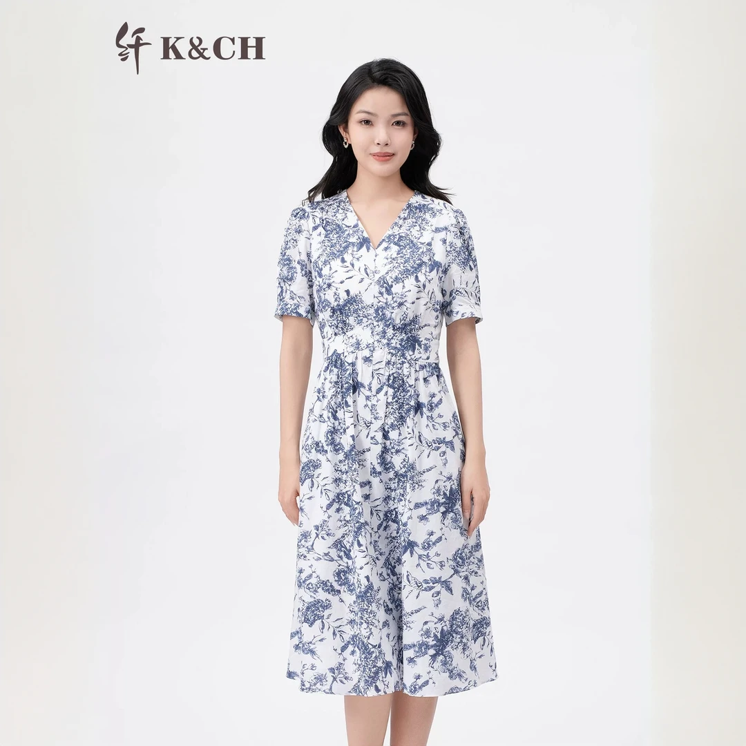 K&CH/纤优雅V领碎花裙清新显瘦海边度假古镇漫裙子8562S229E1气质
