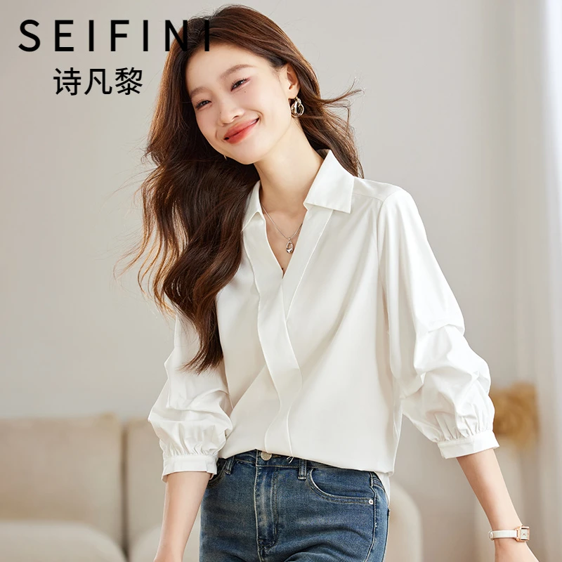 SEIFINI/诗凡黎折扣女装法式设计感衬衫气质洋气减龄小众V领上衣