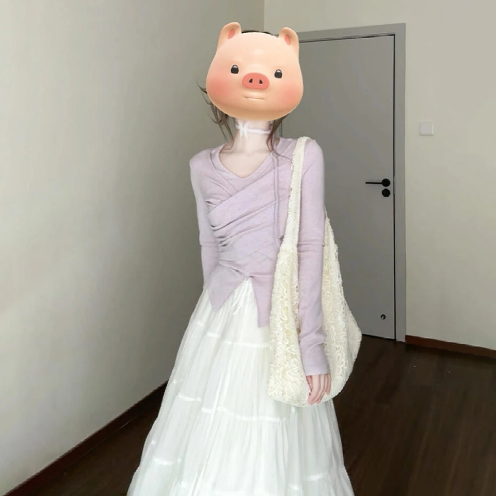 时尚法式V领交叉紫色长袖针织衫女半身裙百搭气质漂亮套装长裙