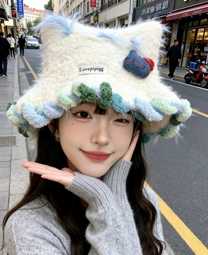 【礼响】可爱Kitty猫耳朵毛绒针织帽女显脸小毛线帽大头围保暖帽子
