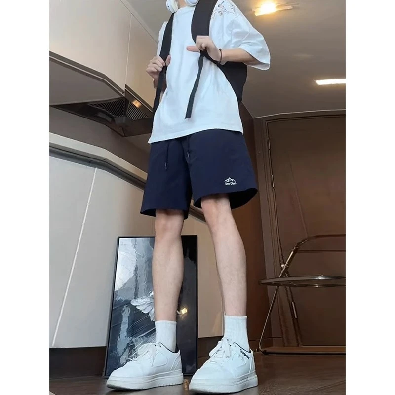 藏青色尼龙短裤男款夏季外穿美式篮球运动裤子速干冰丝休闲五分裤