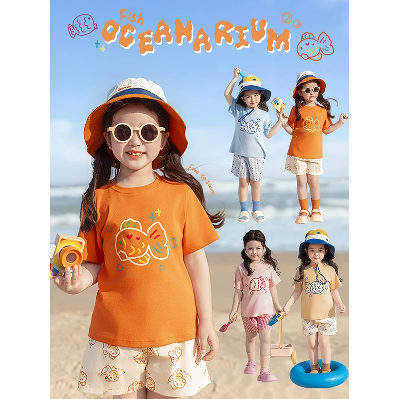 YOEHYAUL/幼悠夏贰波【缤纷海洋馆】女童夏季印花时尚洋气T恤X4740