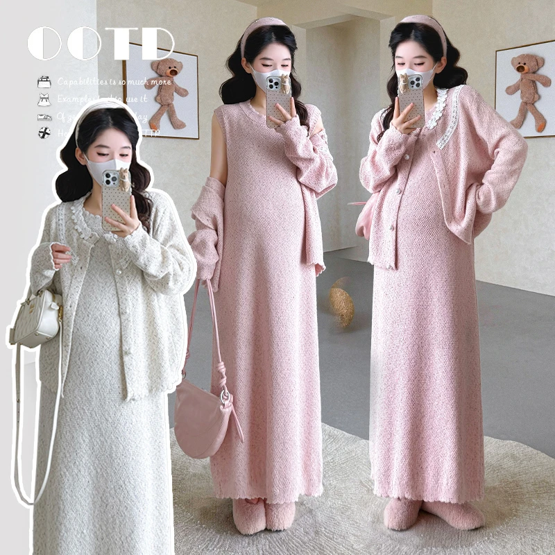 秋冬孕妇装加厚孕妇时髦洋气新款蕾丝花边两件套长款孕妇连衣裙