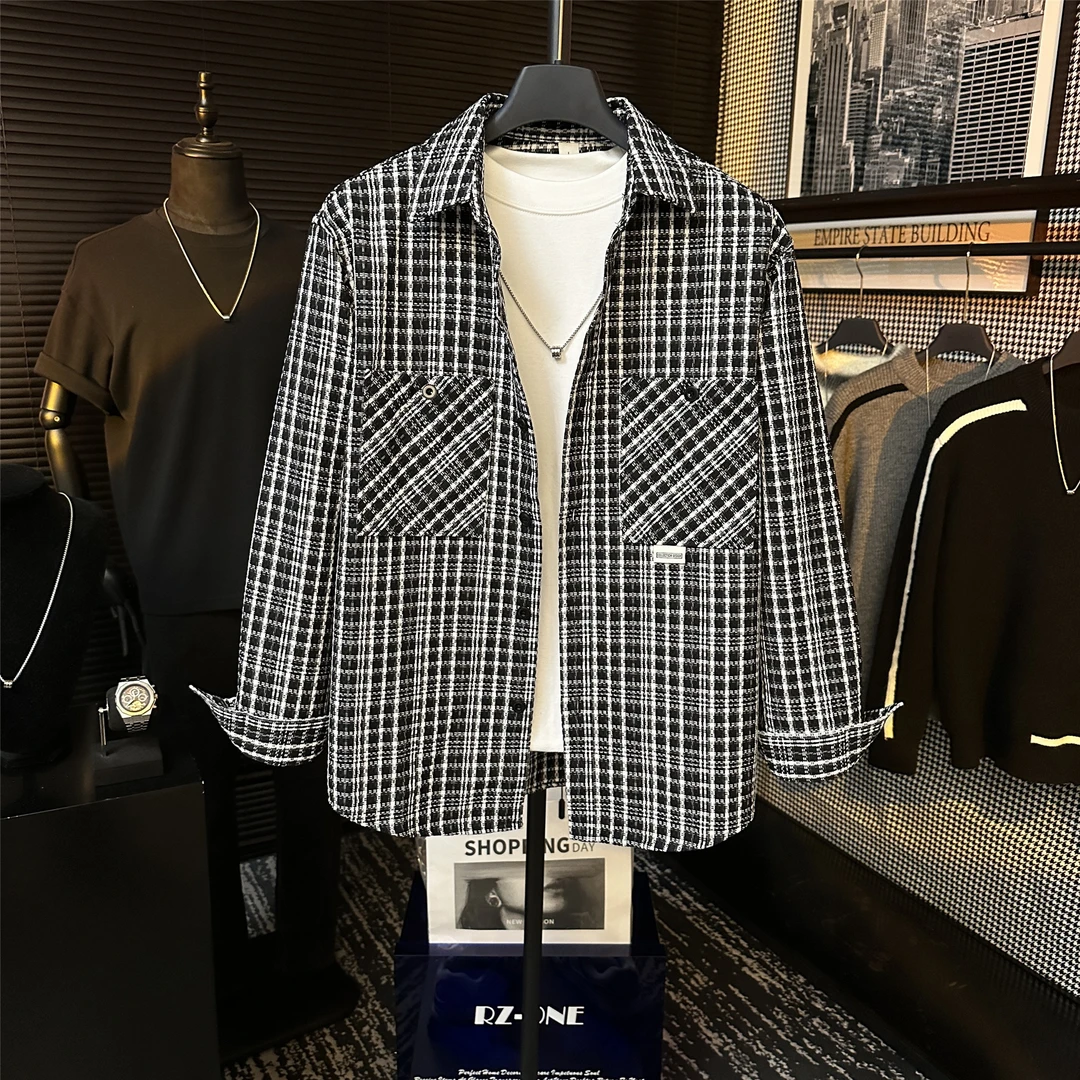 【秋冬清仓】潮流宽松痞帅春季修身长袖小香风肌理设计帅气翻领衬衫