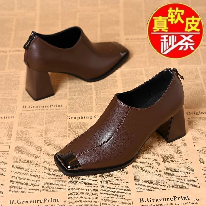 品牌断码真软皮单鞋女软裸靴高级法式金属头深口高跟鞋女及踝靴女