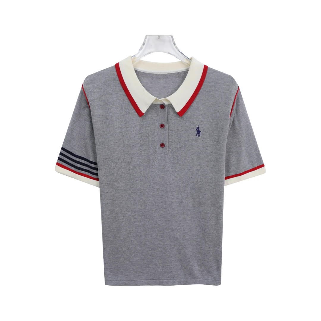 夏季新款撞色翻领刺绣短袖舒适宽松T袖上衣A11291