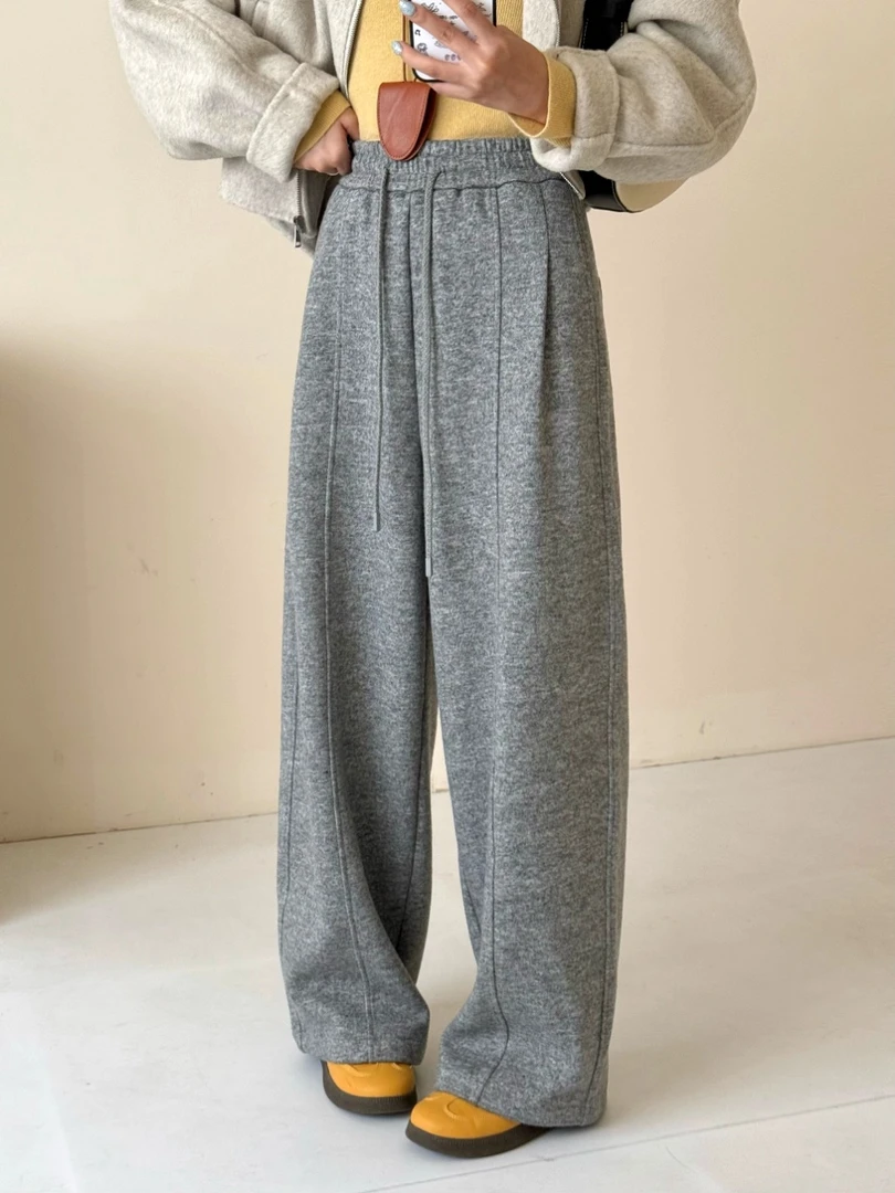 高腰休闲羊毛桑蚕丝宽松慵懒风运动裤直筒灰色弯刀阔腿裤秋季