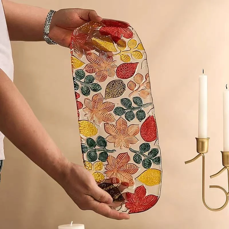 单只-轻奢人工手绘秋叶长盘无铅水晶玻璃彩绘茶盘手工彩绘