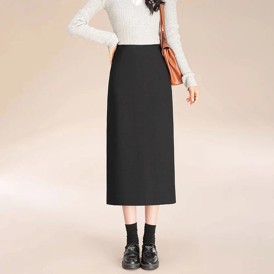 大码冬季款黑色毛呢高腰遮肉显瘦半身裙女梨形身材气质开叉直筒裙