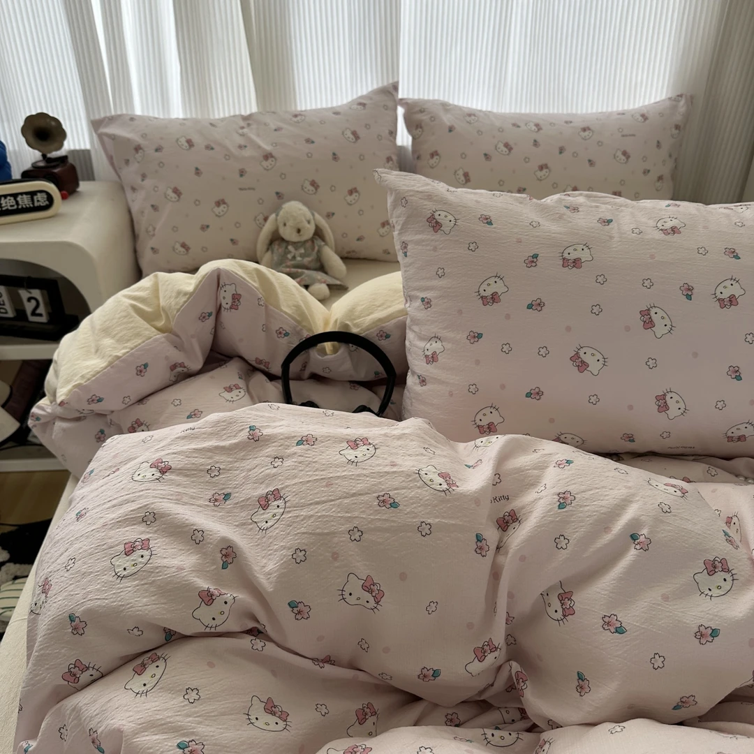 少女心kt猫四件套双层纱被套2025新款床单宿舍床上三件套非全纯棉
