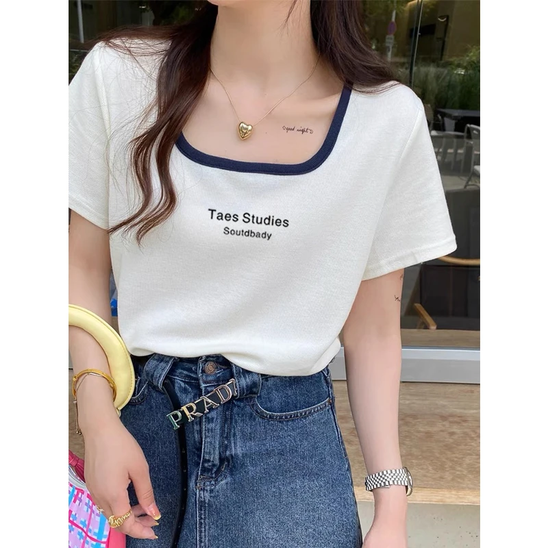 撞色方领上衣夏季2025新款独特别致设计感小众短袖正肩t恤女显瘦