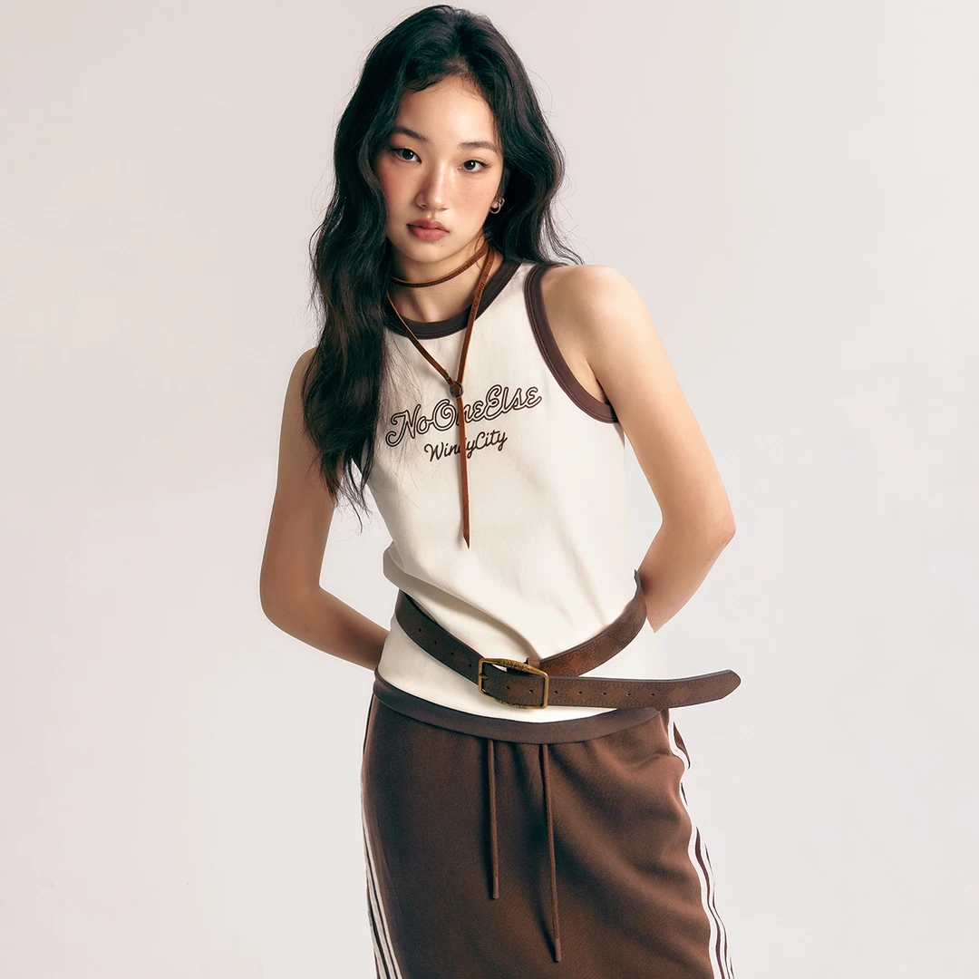 NO ONE ELSE美式复古女装字母印花吊带秋季撞色条纹修身工字背心