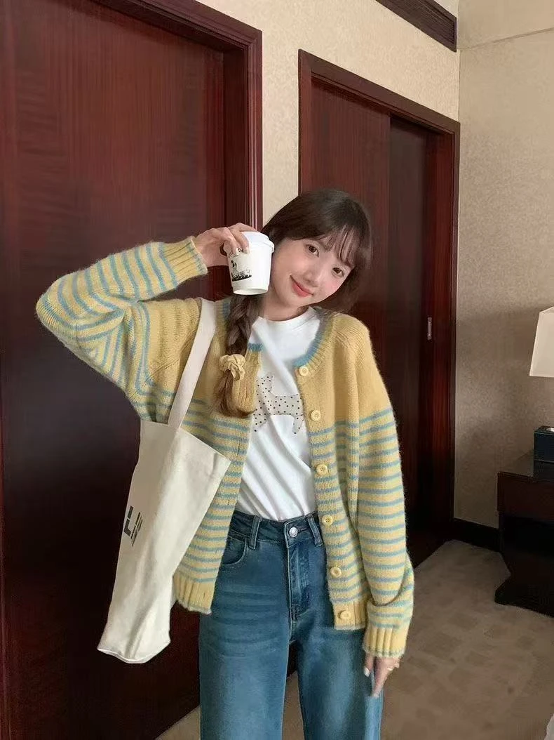 韩系复古条纹毛衣女2025新款秋冬慵懒风软糯宽松针织开衫外套
