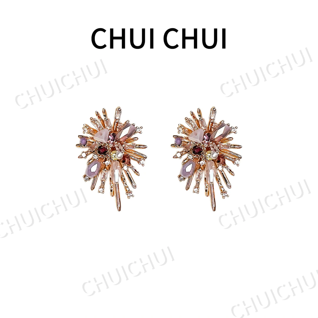 铜合金耳饰 烟花精致紫色耳钉设计感轻奢百搭小众气质彩色饰品
