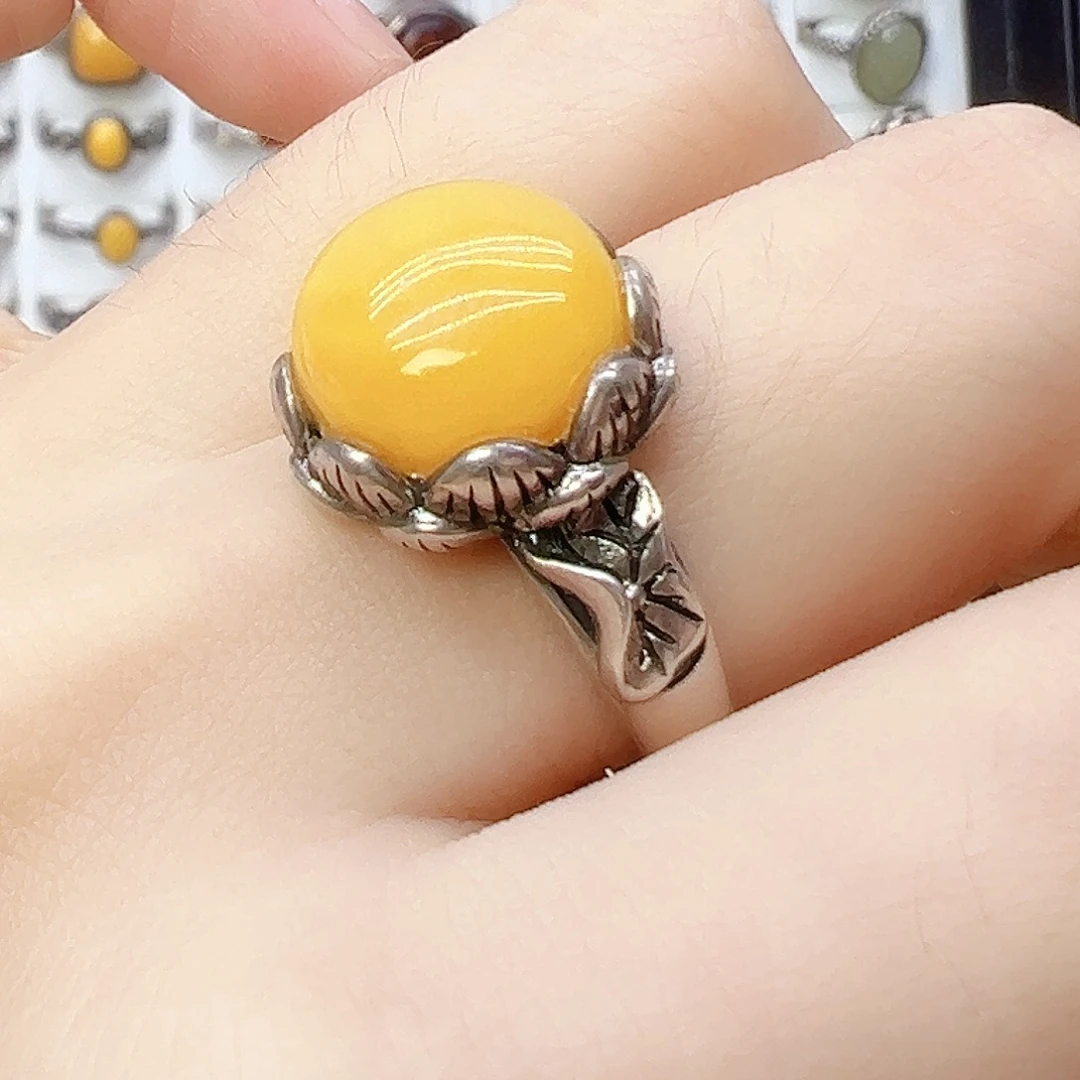 蜜蜡银S925镶嵌戒指，