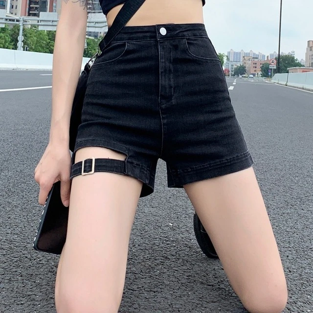 黑色高腰机车牛仔短裤女夏季春秋辣妹弹力a字紧身美式外穿热裤子