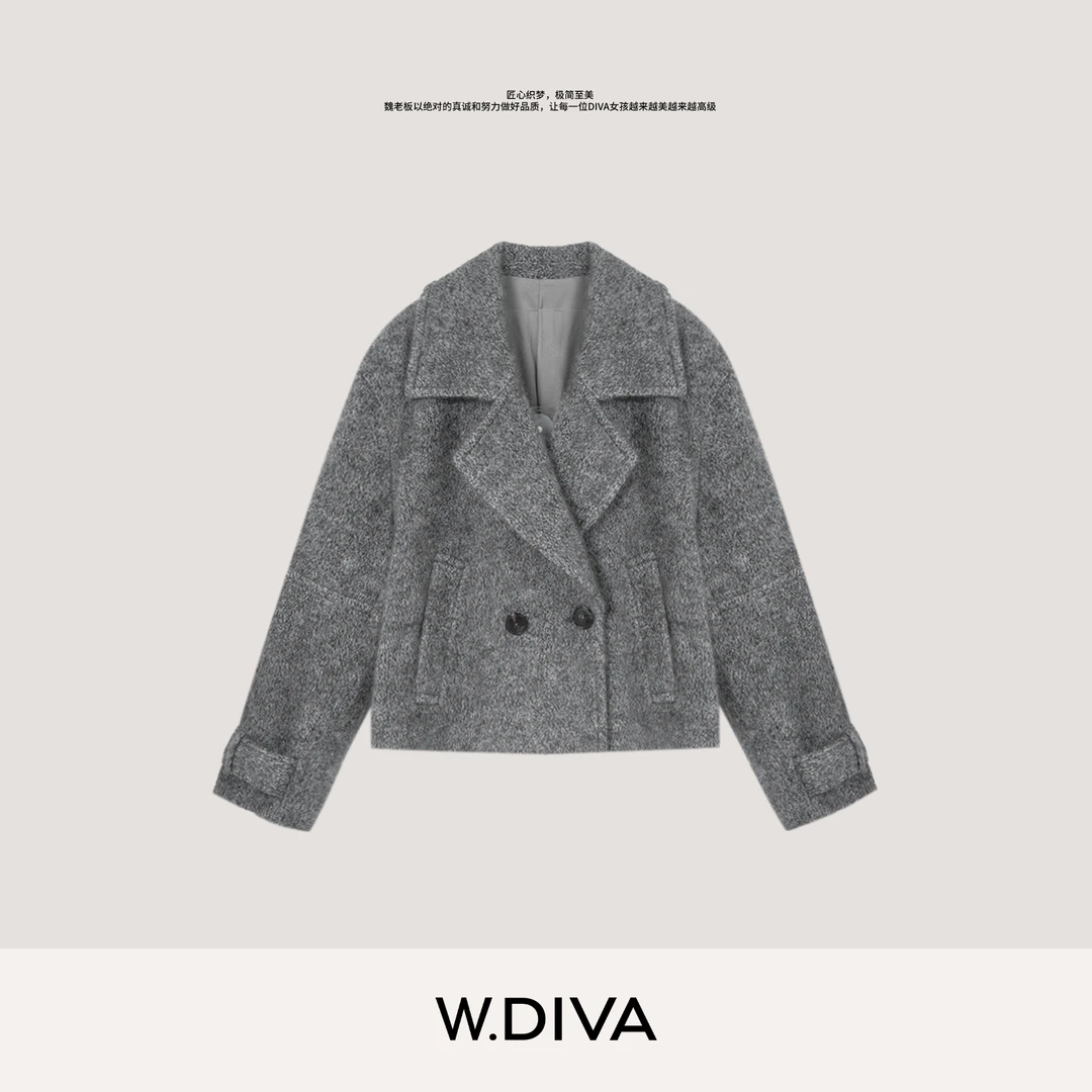W.Diva【雾扣】极简松弛感拉毛花纱100%羊绒翻领保暖外套54C303265