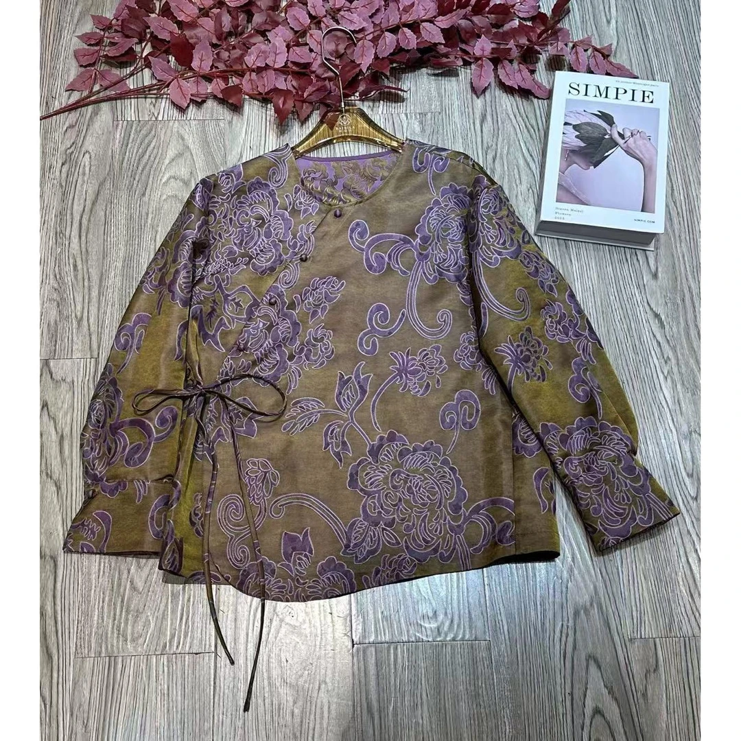 KIKI严选：C01-YunShi家欧货南油圆领高级感提花国风长袖衬衫上衣