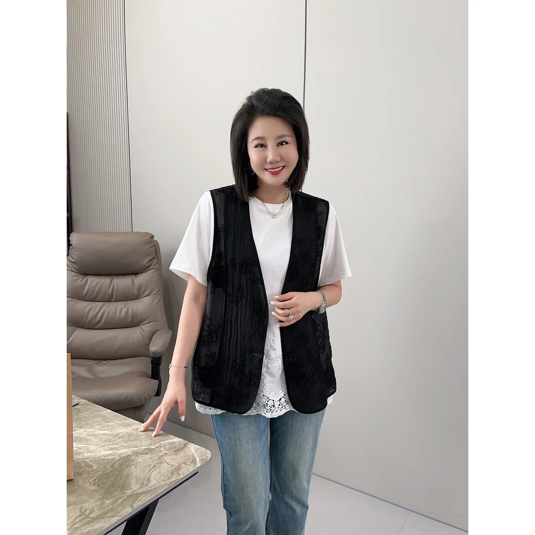 微胖女装【花赏月马夹】牙条欧根纱提花马甲国风新中式高级感20638