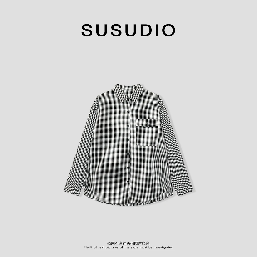 SUSUDIO 设计款100棉时尚休黑格衬衫70131