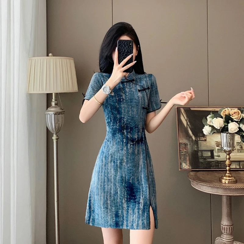 新中式国风花色短袖连衣裙女夏季复古高端气质收腰显瘦改良旗袍裙