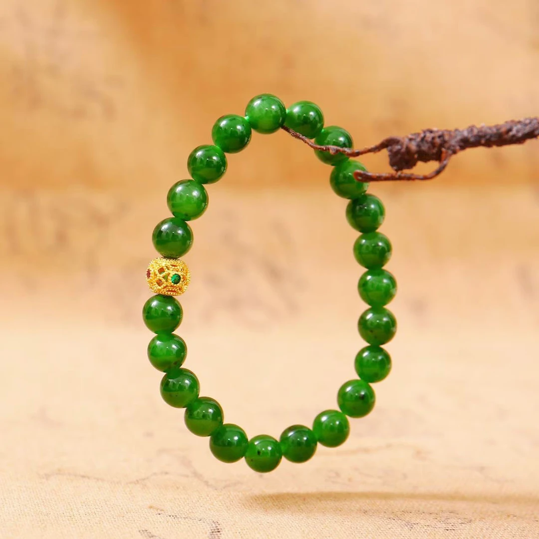 天然俄料碧玉圆珠手串和田玉阳绿满绿玉石手饰简约百搭女款8mm