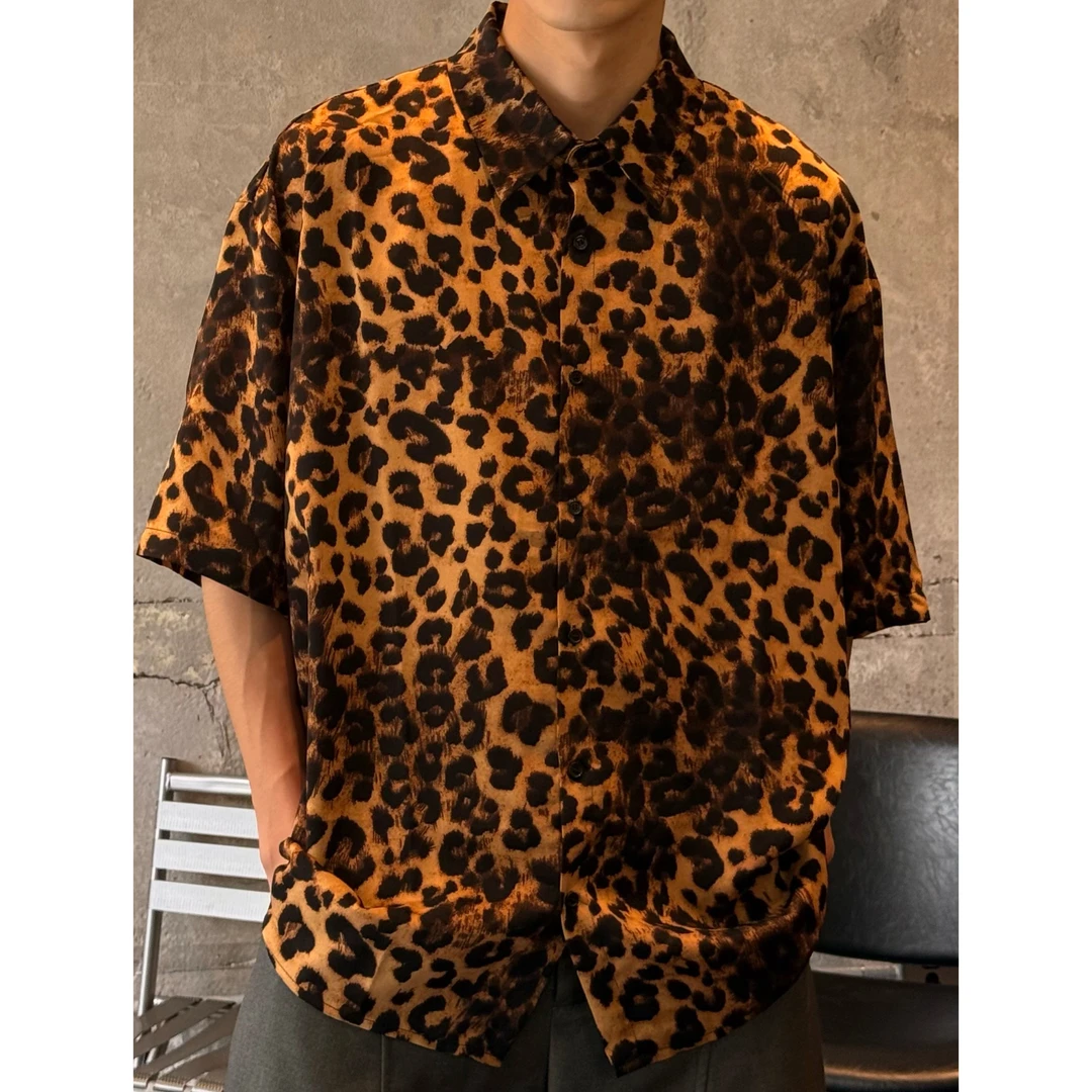 夏季小众设计风格豹纹短袖衬衣冰丝清爽透气不易褶皱高级感痞帅