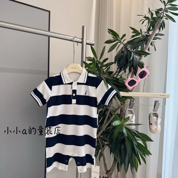 男童条纹连体衣宝宝POLO领哈衣婴儿童短袖爬服女童新生儿薄款夏装