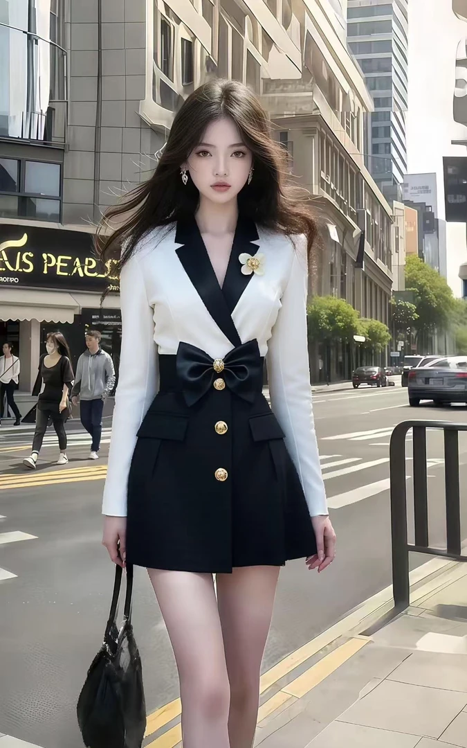 秋季轻奢小众休闲通勤风黑白撞色V领长袖修身收腰蝴蝶结连衣裙女