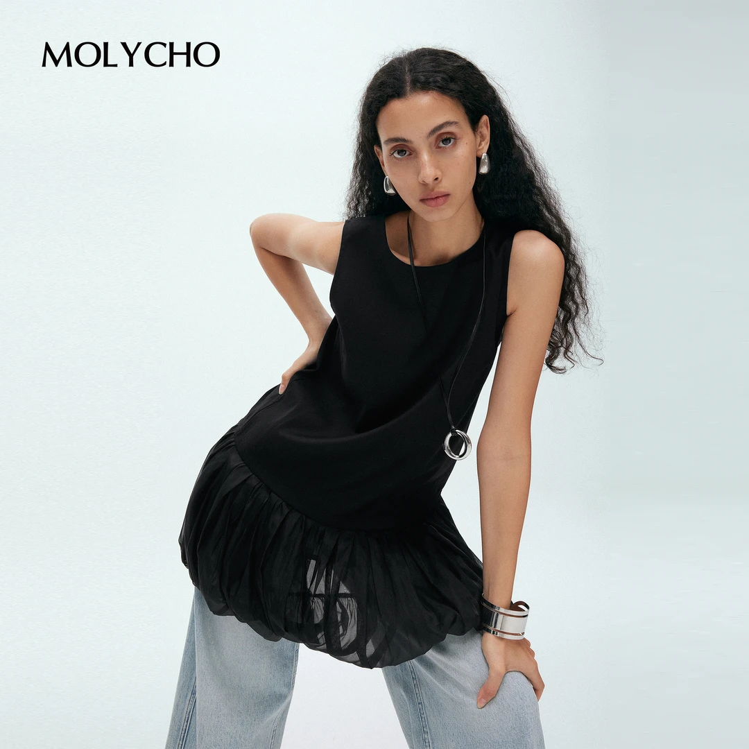 MOLYCHO｜夏日艺术美感_花苞无袖拼接上衣女 外穿背心宽松显瘦T恤