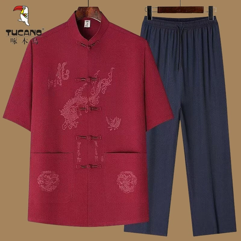 啄木鸟夏季中老年短袖唐装男中国风套装爸爸休闲国风衬衫爷爷衣服