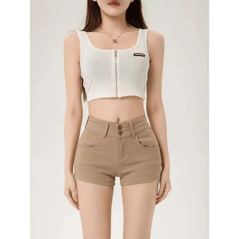 2025夏季新款美式复古卡其色双扣牛仔短裤女新款高腰显瘦包臀裤子